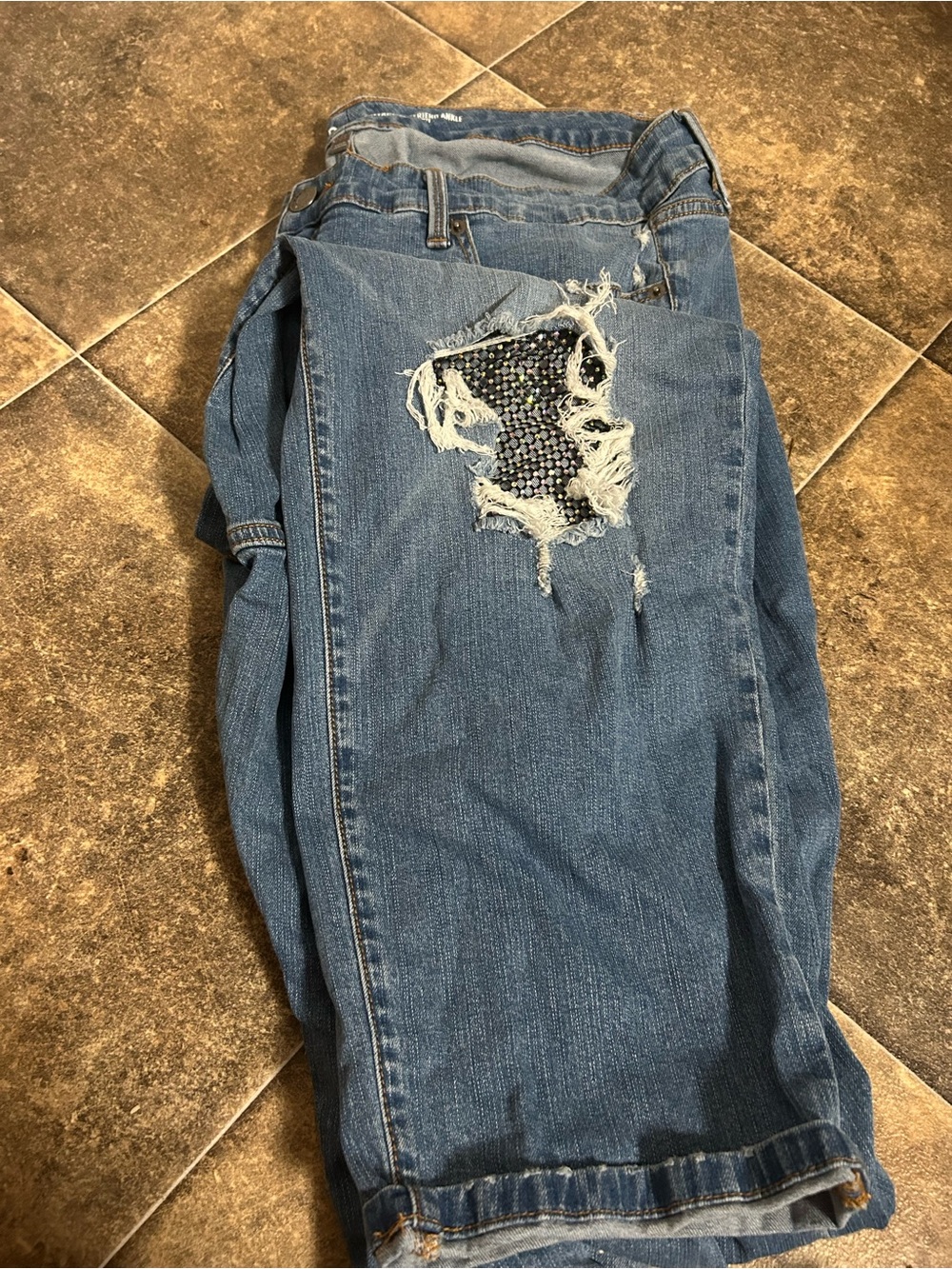 torrid Blue Distressed Cropped Jeans with Sequin Patch